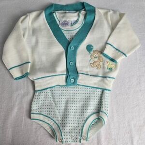 Vintage Mine Alone Knit One Piece Sweater Set Teddy Bear Size 6-9 months 80s